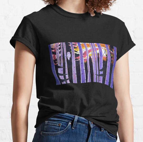 White Owl, Purple Birch Trees, Alaska Aspen Trees Forest, Sunset, Scott Clendaniel Classic T-Shirt