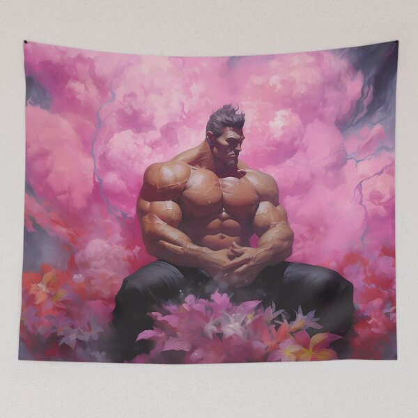 Item preview, Muscular Shirtless Man Sitting and Clasping His Hands Among Pink Cotton Clouds designed and sold by SingularityGeek.