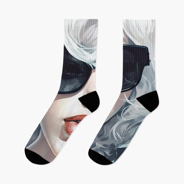 Item preview, Portrait of a White Girl with Beautiful Lips and White Hair Wearing Huge Black Glasses designed and sold by SingularityGeek.