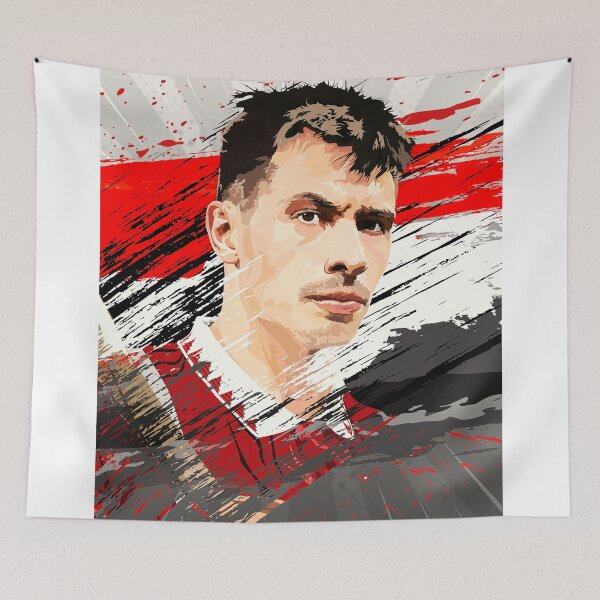 Item preview, Lisandro Martinez The Butcher Man Utd Celebration Flag Abstract Illustration Portrait designed and sold by VibesAndVision.