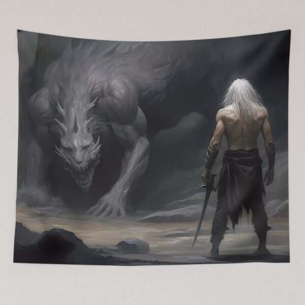 Item preview, Soft-Haired Warrior without a Shirt Fighting a Stone Demon in a Deep Cave designed and sold by SingularityGeek.