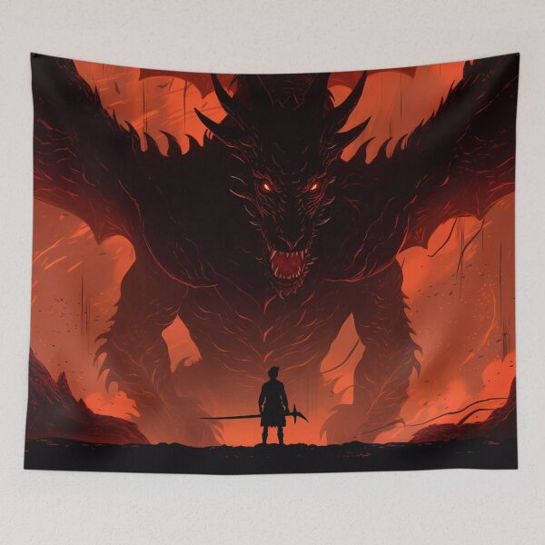 Item preview, Warrior Facing a Giant Dragon in a Fusion of Shadows and Reddish Colors Poster designed and sold by SingularityGeek.
