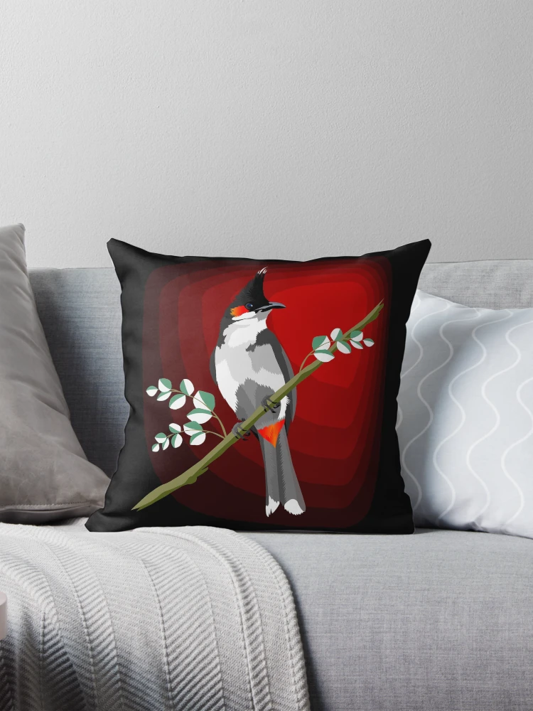 Aperçu 1 sur 4. Coussin avec l'œuvre Bulbul à Moustaches Rouges. créée et vendue par Graham Colton.