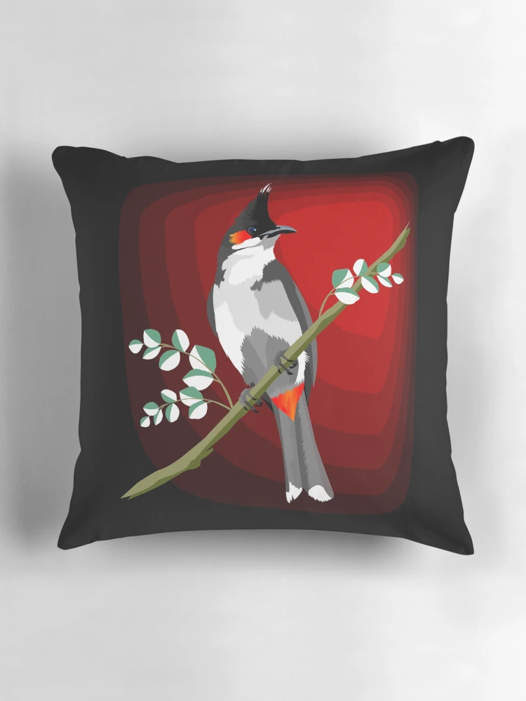 Aperçu 3 sur 4. Coussin avec l'œuvre Bulbul à Moustaches Rouges. créée et vendue par Graham Colton.