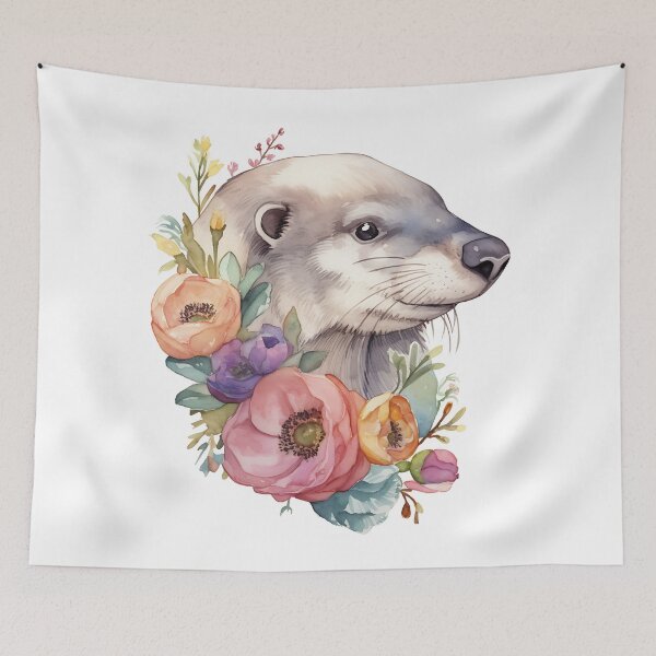 Item preview, Portrait of a smiling realistic otter in watercolour colours. Portrait of a cute otter with a wreath designed and sold by Anastasiia Yurevych.