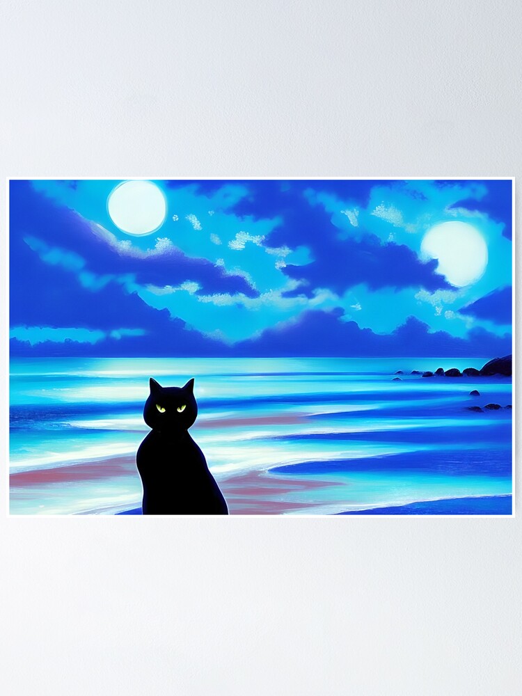 "Black Cat Badass Black Cat Turns His Back on Two Moons at the Beach AI Art" Poster for Sale