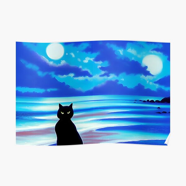 "Black Cat Badass Black Cat Turns His Back on Two Moons at the Beach AI Art" Poster for Sale