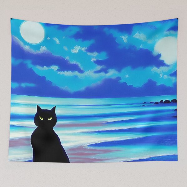 Item preview, Black Cat - Badass Black Cat Turns His Back on Two Moons at the Beach - AI Art designed and sold by Beachy.