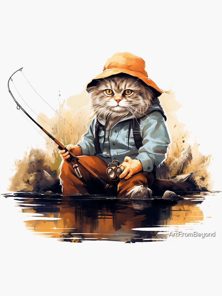 Cat On Fish Cat Fisherman  Sticker for Sale by ArtFromBeyond