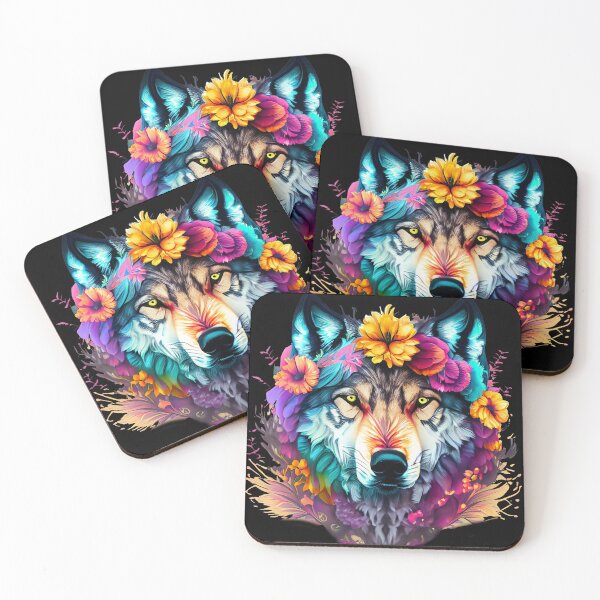 Item preview, colorful wolf with flowers designed and sold by czarnyfeniks.
