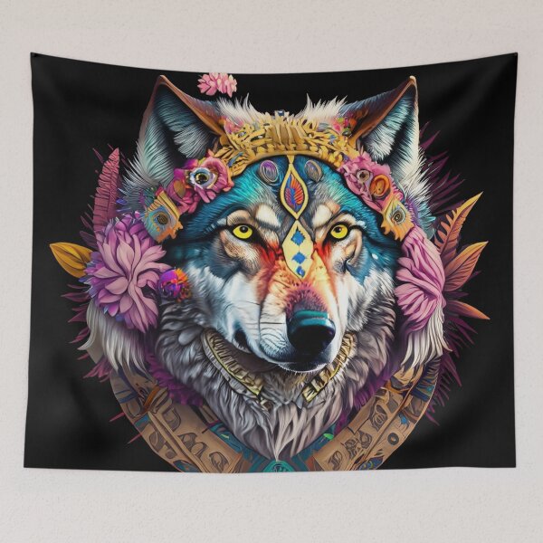 Item preview, colorful wolf with flowers designed and sold by czarnyfeniks.