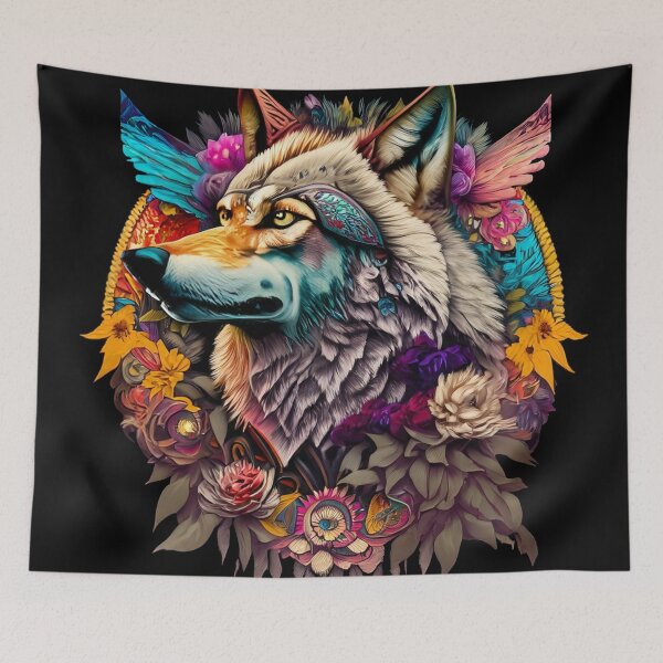 Item preview, colorful wolf with flowers designed and sold by czarnyfeniks.