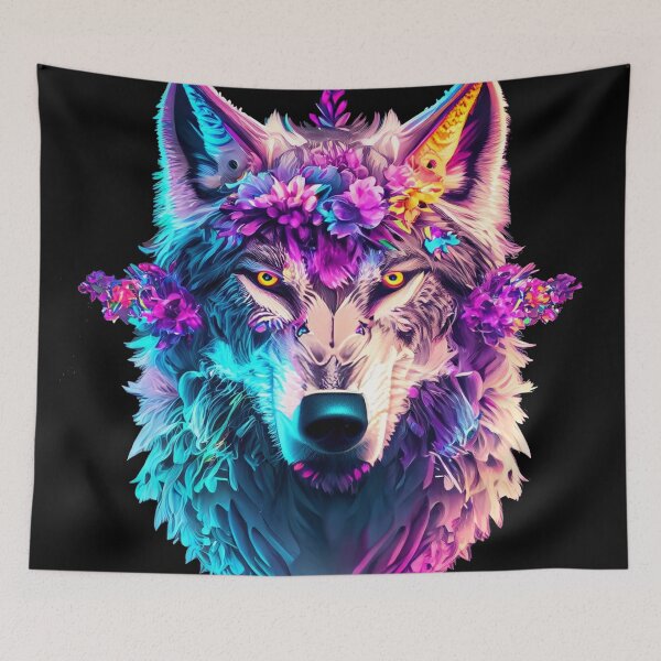 Item preview, colorful wolf with flowers designed and sold by czarnyfeniks.