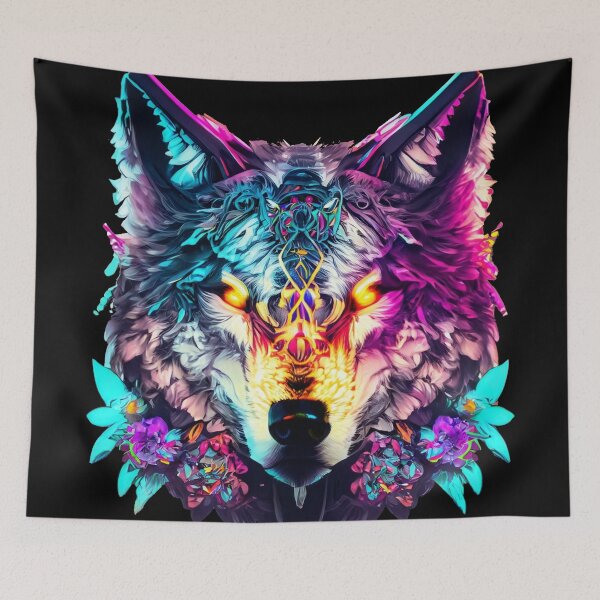 Item preview, colorful wolf with flowers designed and sold by czarnyfeniks.