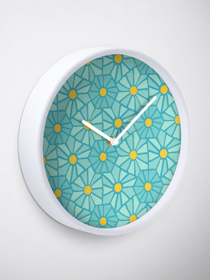 Thumbnail 1 of 4, Clock, Tessellated Flowers Pattern - Teal Tiles (micro) designed and sold by anisgott.