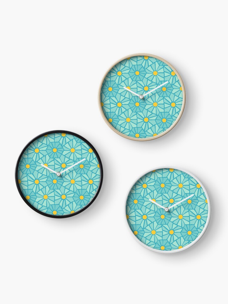 Thumbnail 3 of 4, Clock, Tessellated Flowers Pattern - Teal Tiles (micro) designed and sold by anisgott.