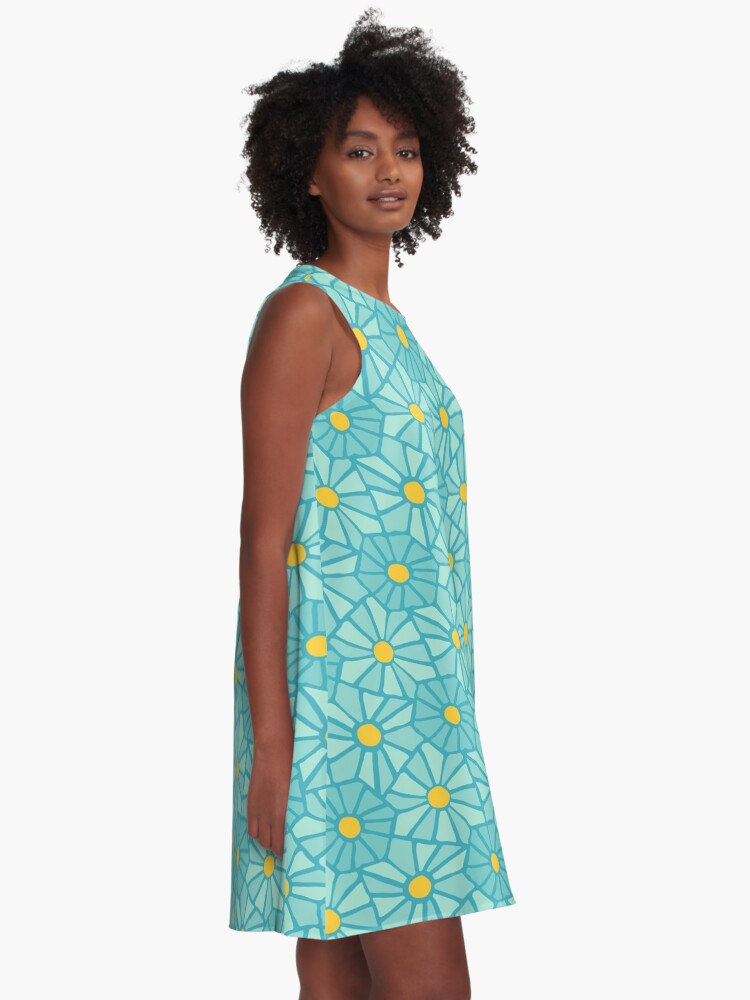Thumbnail 2 of 4, A-Line Dress, Tessellated Flowers Pattern - Teal Tiles (micro) designed and sold by anisgott.