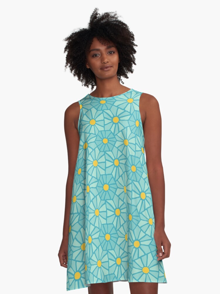 Thumbnail 1 of 4, A-Line Dress, Tessellated Flowers Pattern - Teal Tiles (micro) designed and sold by anisgott.