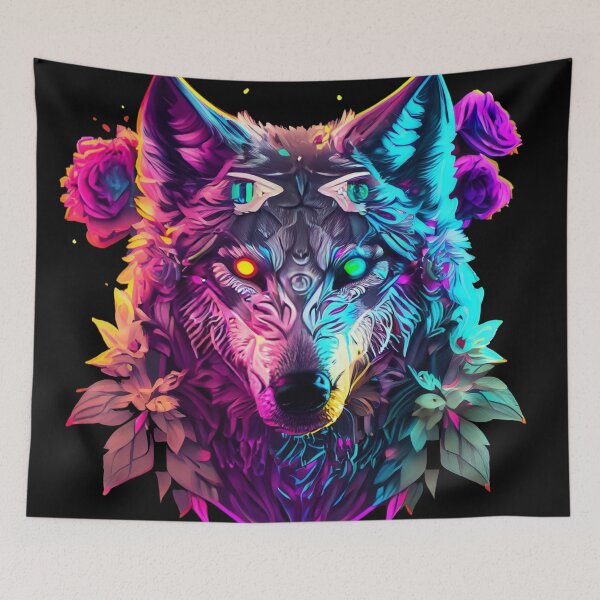 Item preview, colorful wolf with flowers designed and sold by czarnyfeniks.