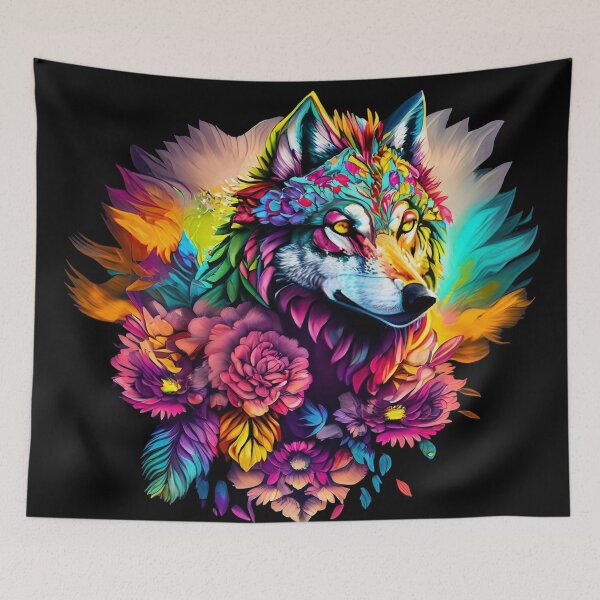 Item preview, colorful wolf with flowers designed and sold by czarnyfeniks.