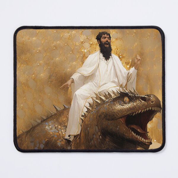 Item preview, Jesus on a dinosaur, in Gustav Klimt style designed and sold by EmeraldeaArt.