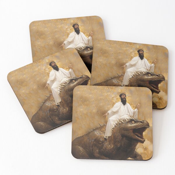 Item preview, Jesus on a dinosaur, in Gustav Klimt style designed and sold by EmeraldeaArt.