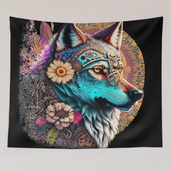 Item preview, colorful wolf with flowers designed and sold by czarnyfeniks.