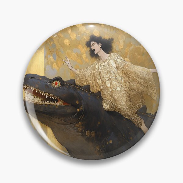Item preview, Gold funny, Jesus on a dinosaur, in Gustav Klimt style designed and sold by EmeraldeaArt.
