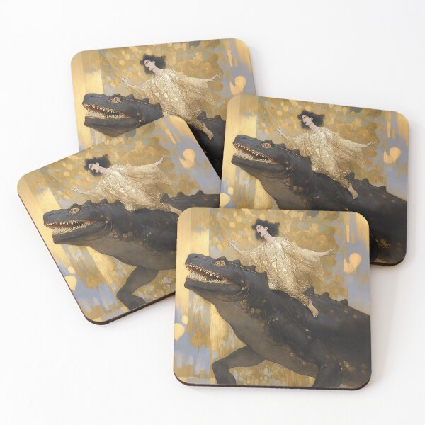 Item preview, Gold funny, Jesus on a dinosaur, in Gustav Klimt style designed and sold by EmeraldeaArt.