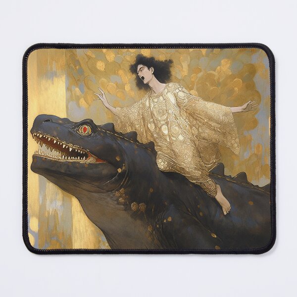 Item preview, Gold funny, Jesus on a dinosaur, in Gustav Klimt style designed and sold by EmeraldeaArt.