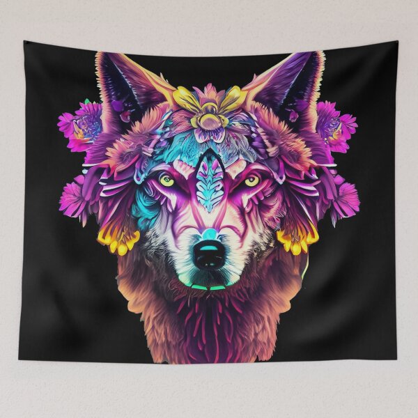 Item preview, colorful wolf with flowers designed and sold by czarnyfeniks.