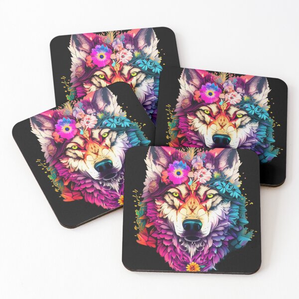 Item preview, colorful wolf with flowers designed and sold by czarnyfeniks.