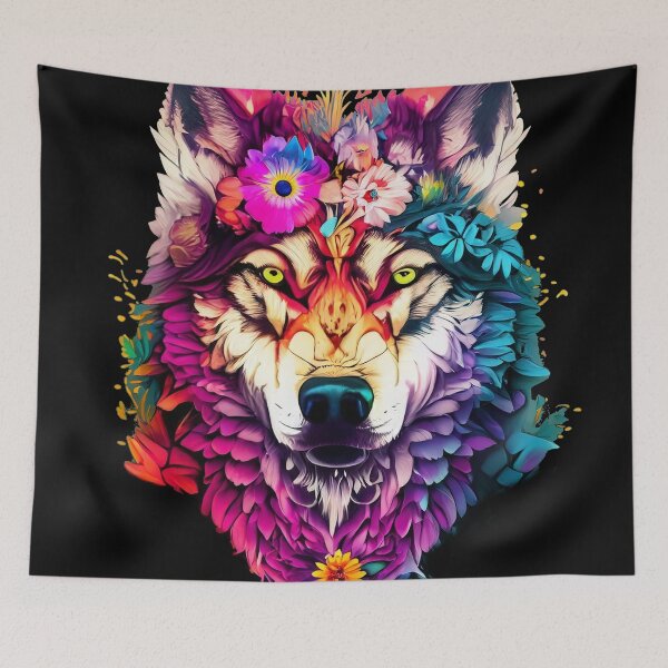 Item preview, colorful wolf with flowers designed and sold by czarnyfeniks.
