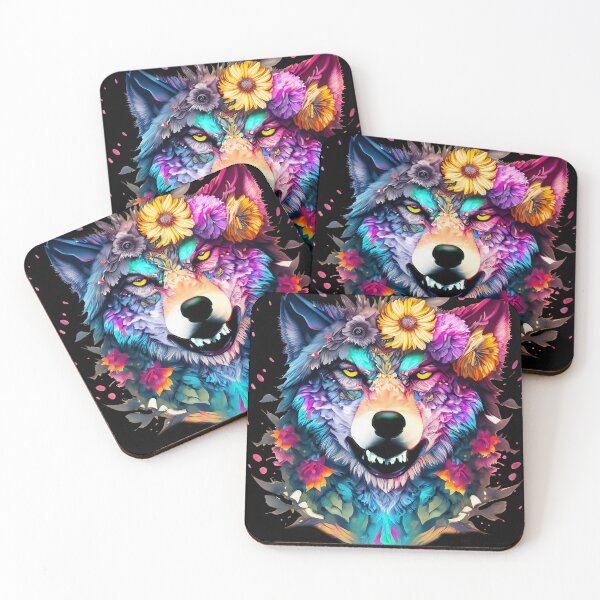 Item preview, colorful wolf with flowers designed and sold by czarnyfeniks.