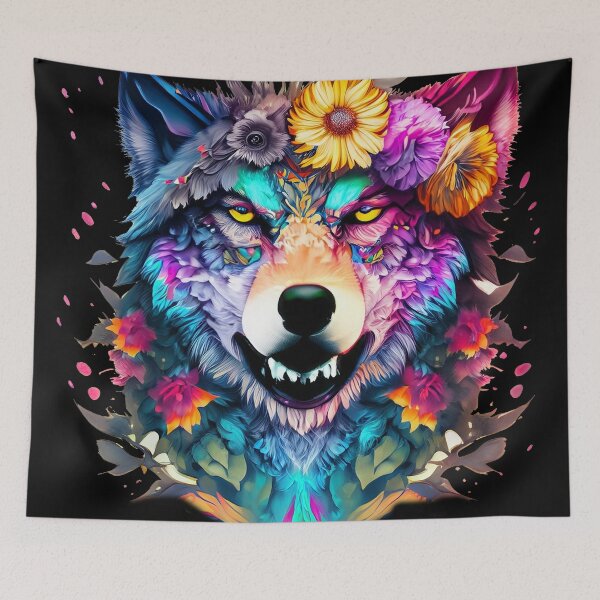 Item preview, colorful wolf with flowers designed and sold by czarnyfeniks.