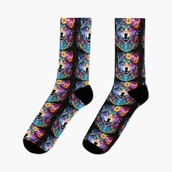 Item preview, colorful wolf with flowers designed and sold by czarnyfeniks.