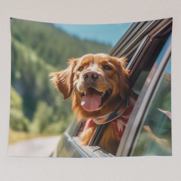 Item preview, Dog enjoying traveling by car. Golden Retriever looking through the window on the road. designed and sold by anytka.