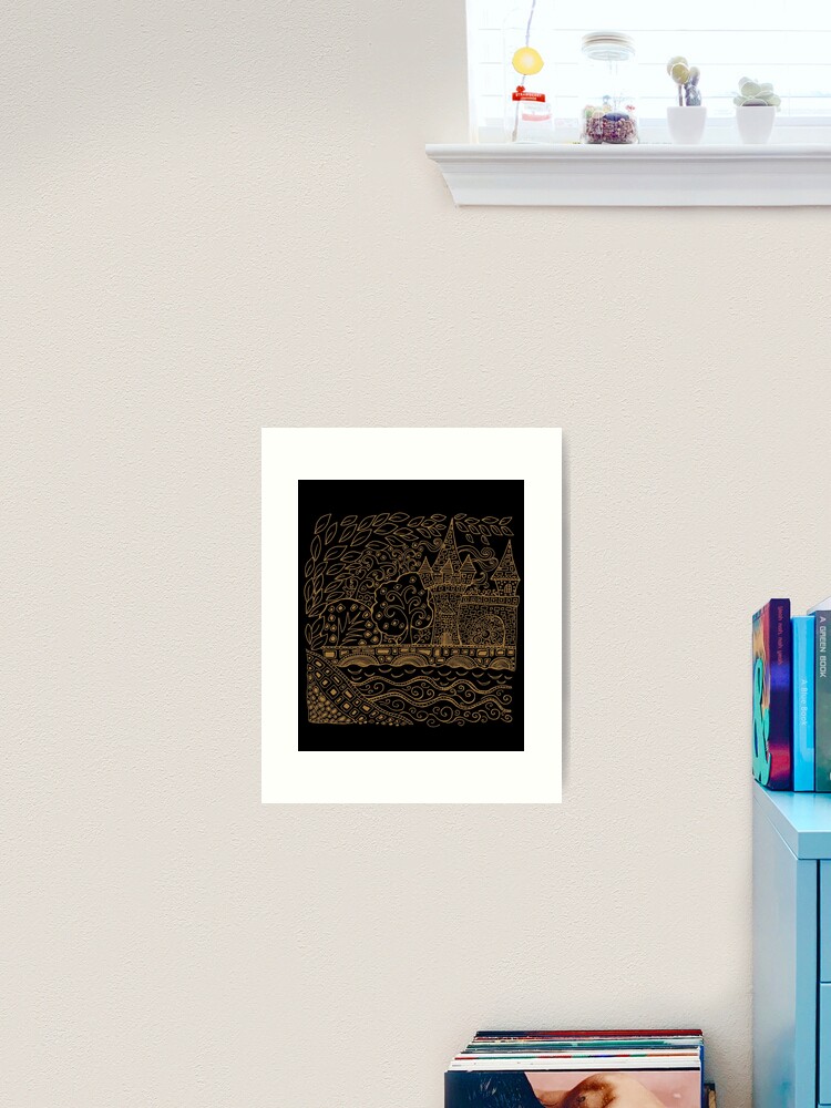 Thumbnail 1 of 3, Art Print, Happy Castle Gold Mandala Illustration designed and sold by heartsake.