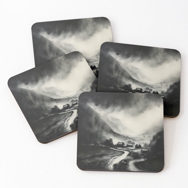 Item preview, Mystic Mountain Village: Atmospheric Black and White Drawing designed and sold by BNCH44.
