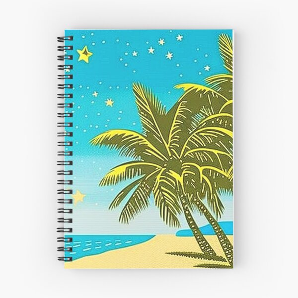 Item preview, Tropical beach at night palm trees linograph folk art designed and sold by Earth Nature Creations.