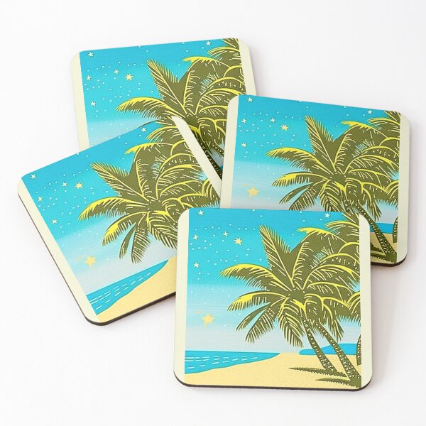 Item preview, Tropical beach at night palm trees linograph folk art designed and sold by Earth Nature Creations.