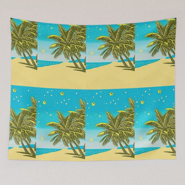 Item preview, Tropical beach at night palm trees linograph folk art designed and sold by Earth Nature Creations.