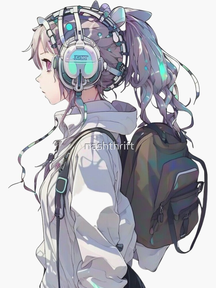 Sticker for Sale mit Anime Cyberpunk Girl with Backpack and Headphones von nashthrift Redbubble