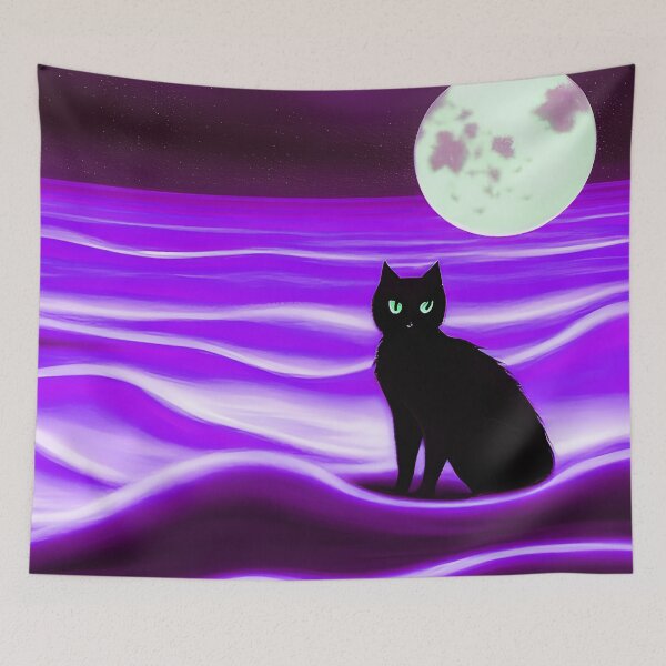 Item preview, Black Cat on Purple Ocean Beach Sand Clouds - Arty Farty AI Art designed and sold by Beachy.