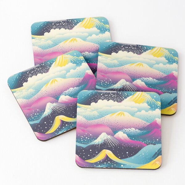 Item preview, Mountain Wave Frequency Pattern 10, candy-coated colorful snowy mountains and clouds, magical world, purple, yellow, gold, blue, black, white, almost synthwave landscape. designed and sold by FoxRobinRabbit.