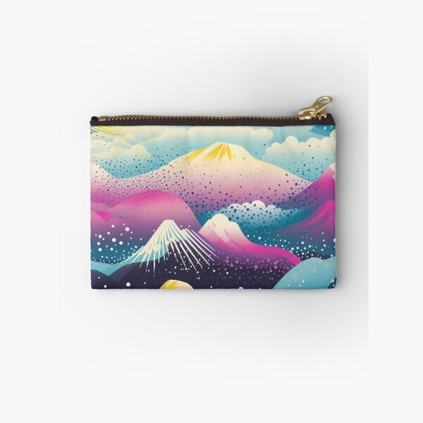 Item preview, Mountain Wave Frequency Pattern 10, candy-coated colorful snowy mountains and clouds, magical world, purple, yellow, gold, blue, black, white, almost synthwave landscape. designed and sold by FoxRobinRabbit.