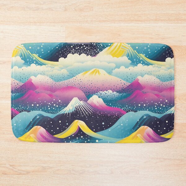 Item preview, Mountain Wave Frequency Pattern 10, candy-coated colorful snowy mountains and clouds, magical world, purple, yellow, gold, blue, black, white, almost synthwave landscape. designed and sold by FoxRobinRabbit.
