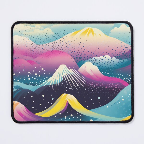 Item preview, Mountain Wave Frequency Pattern 10, candy-coated colorful snowy mountains and clouds, magical world, purple, yellow, gold, blue, black, white, almost synthwave landscape. designed and sold by FoxRobinRabbit.