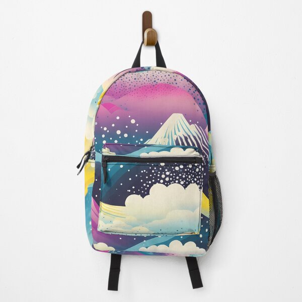 Item preview, Mountain Wave Frequency Pattern 10, candy-coated colorful snowy mountains and clouds, magical world, purple, yellow, gold, blue, black, white, almost synthwave landscape. designed and sold by FoxRobinRabbit.