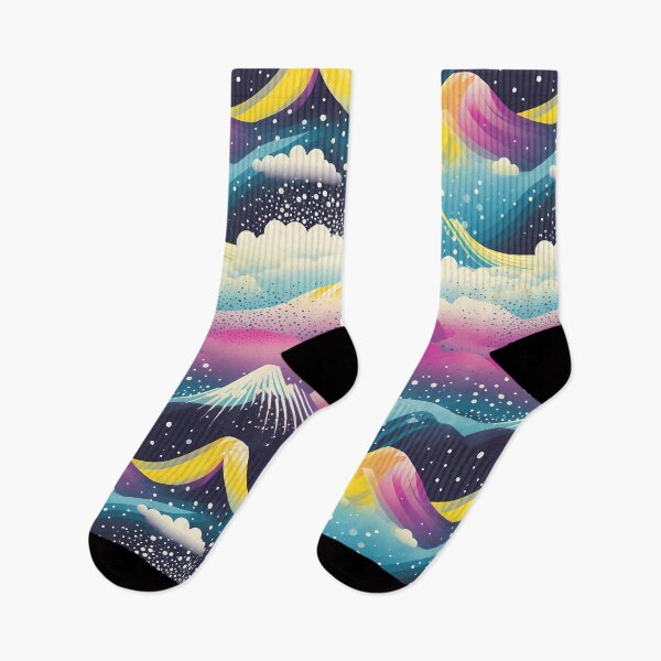 Item preview, Mountain Wave Frequency Pattern 10, candy-coated colorful snowy mountains and clouds, magical world, purple, yellow, gold, blue, black, white, almost synthwave landscape. designed and sold by FoxRobinRabbit.